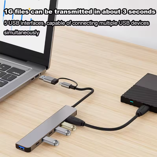 USB-концентратор 5 портів 2 type-c ABS-концентратор/ USB 3.0 та 2.0 для ноутбука/ мультисплиттер - зображення 3