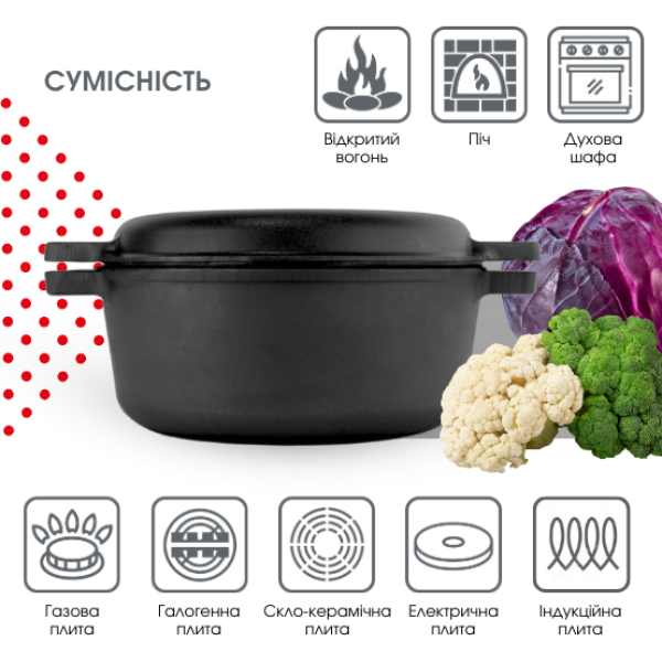 Кастрюля Brizoll чугунная с крышкой-сковородой 6л (P-6L-2) - Фото 5 Кастрюля Brizoll чугунная с крышкой-сковородой 6л (P-6L-2) - изображение 5