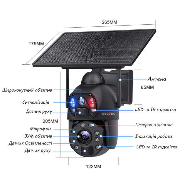 Уличная 4G камера видеонаблюдения Sectec ST-699-6M-36X-10W-4G Black, 6 МП, 36x Zoom, солнечная панель 10W - изображение 4
