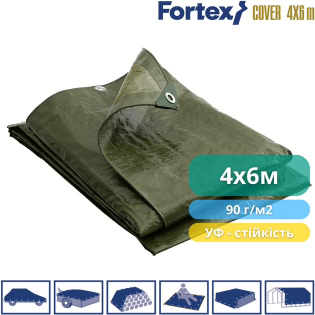Тент захисний ламінований, водостійкий Fortex 4х6 м, 24 м2, 90 г/м2, зелений - зображення 3