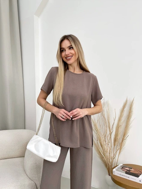 Жіночий літній прогулянковий костюм із крепу (футболка + брюки) Uaclothes 46-48 Капучино (like32030-122321350) - зображення 2