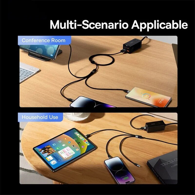 Кабель Baseus 3 в 1, швидка зарядка та передача даних (Micro USB+Type-C+Lightning Apple) 1.2м черный - Фото 6 Кабель Baseus 3 в 1, швидка зарядка та передача даних (Micro USB+Type-C+Lightning Apple) 1.2м черный - зображення 6