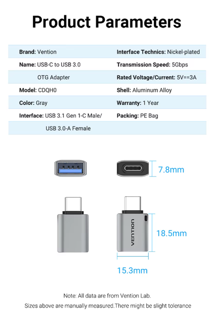 Перехідник OTG Vention USB-C Male to USB 3.0 Female Adapter Gray Aluminum Alloy Type (CDQH0) - зображення 9