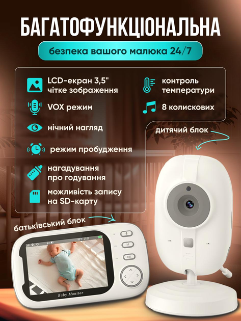 Видеоняня с датчиком звука и температуры портативным дисплеем 3,5 дюйма беспроводной камерой радионяня электронная радио видео няни с ночным видением и двусторонней связью - изображение 2