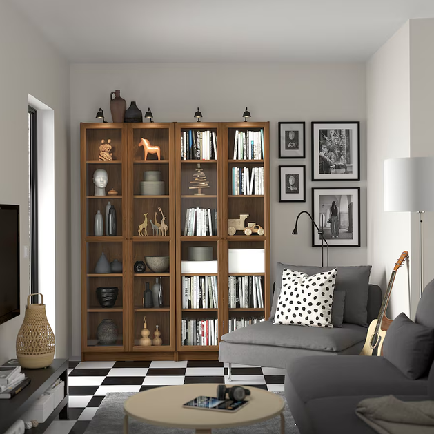 Книжный шкаф со стеклянными дверями BILLY/OXBERG 160x30x202 см IKEA 394.835.30 орех - изображение 3