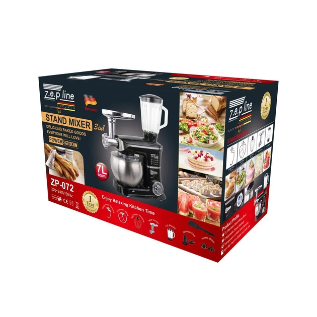 Кухонный комбайн 4-в-1 Zepline ZP-072, 3200W, Тестомес, Мясорубка, Блендер, Миксер, 7 л Чаша, 6 Скоростей - изображение 3
