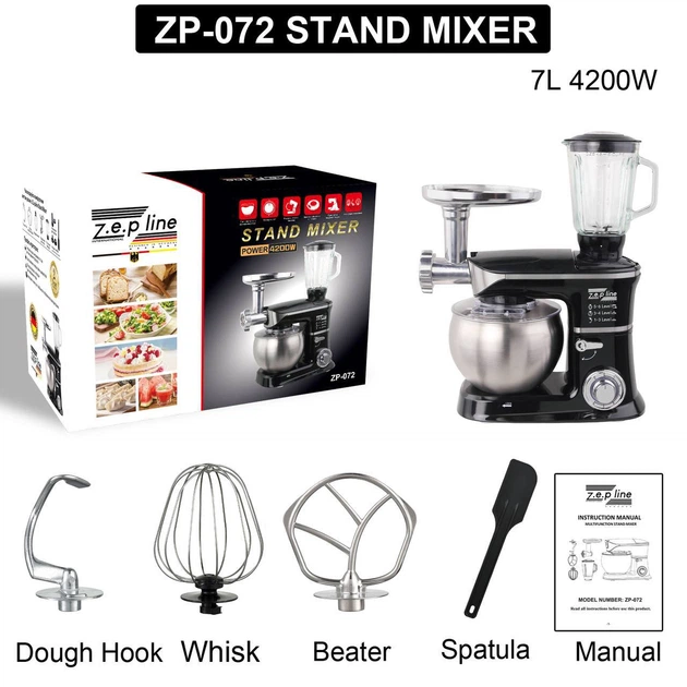 Кухонный комбайн 4-в-1 Zepline ZP-072, 3200W, Тестомес, Мясорубка, Блендер, Миксер, 7 л Чаша, 6 Скоростей - изображение 4