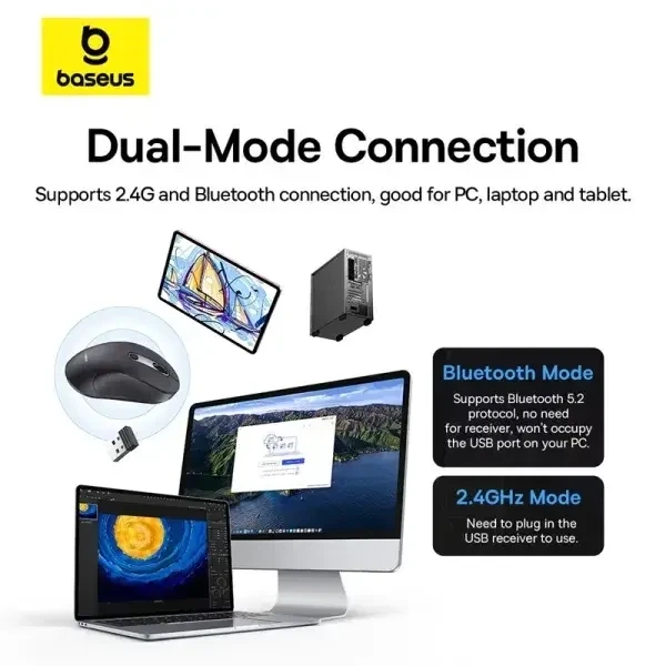 Мышка беспроводная Baseus F02 Ergonomic Wireless Mouse 2.4G/Bluetooth 5.2, 4000 dpi портативная эргономичная компьютерная мышь - изображение 8