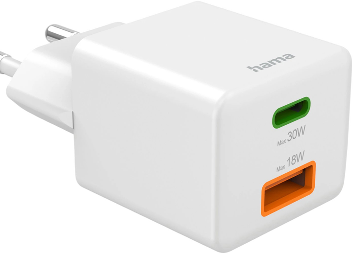 Зарядний пристрій Hama Mini PD/QC 1 x USB-C, 1 x USB-A 30W White (4047443516527) - зображення 3