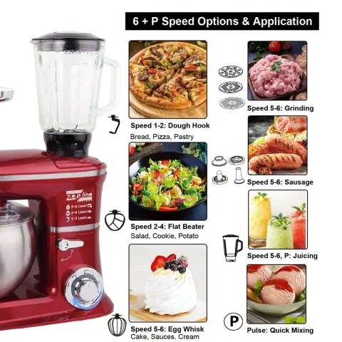 Кухонный комбайн 4в1 (тестомес, мясорубка, блендер, миксер) Zepline ZP-072 3200W красный - изображение 3
