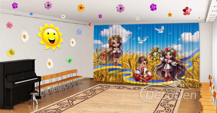 Патріотичні Фото Штори в дитячий сад PHOTODECOR "Українські дітки в вишиванках та поле пшениці" - зображення 1