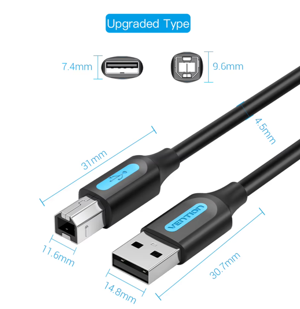 Кабель для принтера Vention USB A Male - B Male Print 1 м (COQBF) - Фото 3 Кабель для принтера Vention USB A Male - B Male Print 1 м (COQBF) - изображение 3