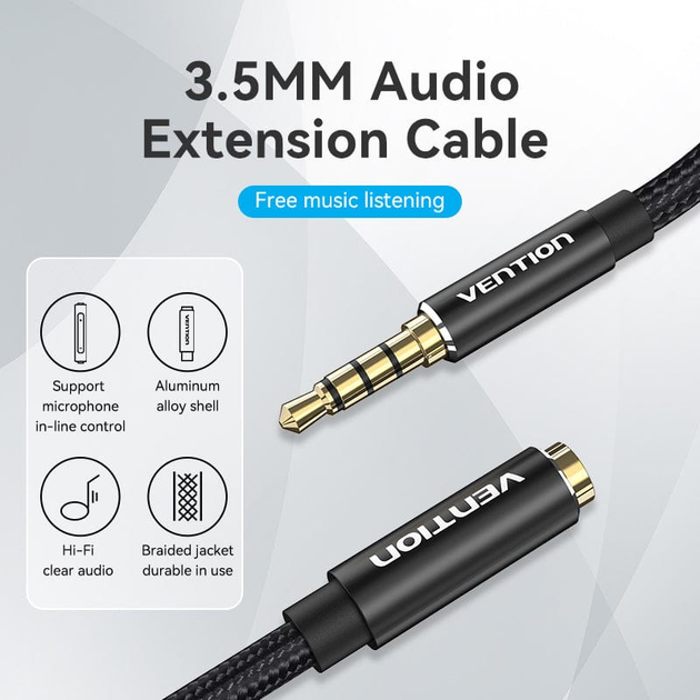 Кабель Vention Audio 3.5 мм 1 м Black Metal Type, 4 pin, з підтримкою мікрофона, стерео (BHCBF) - Фото 5 Кабель Vention Audio 3.5 мм 1 м Black Metal Type, 4 pin, з підтримкою мікрофона, стерео (BHCBF) - зображення 5