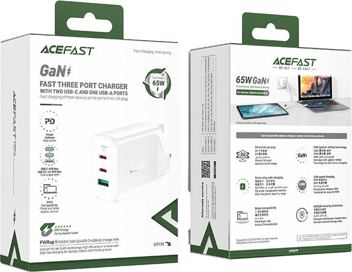 Ładowarka sieciowa Acefast A44 GaN PD 65W 2 x USB-C + 1 x USB-A wtyczka UK White (6974316281801) - obraz 4