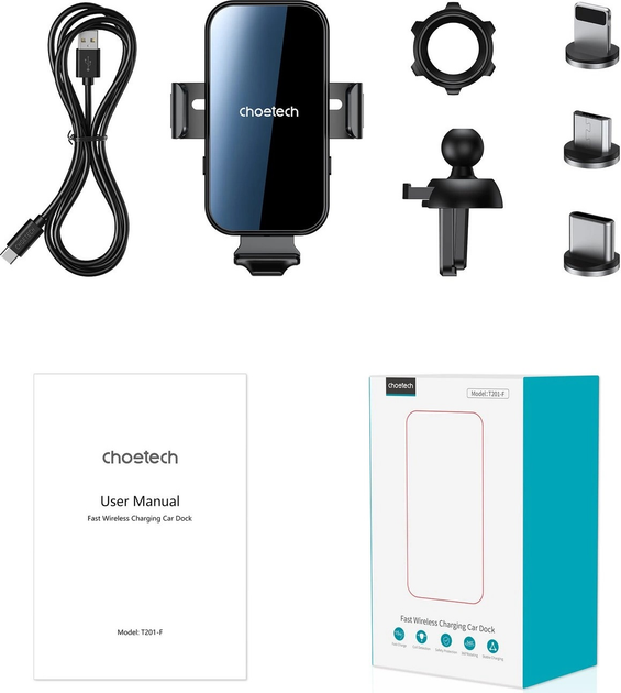 Автомобільний тримач для телефону Choetech T201-F з бездротовою зарядкою + магнітні наконечники Black (6932112102119) - зображення 11