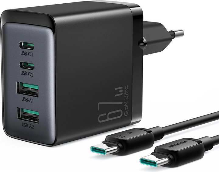 Мережевий зарядний пристрій JOYROOM TCG02 2 x USB-C 2 x USB-A 67 W + кабель USB C – USB C 1.2 м Black (6956116742492) - зображення 7