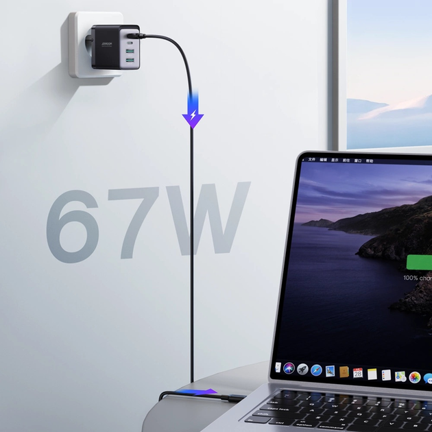 Мережевий зарядний пристрій JOYROOM TCG02 2 x USB-C 2 x USB-A 67 W + кабель USB C – USB C 1.2 м Black (6956116742492) - зображення 16