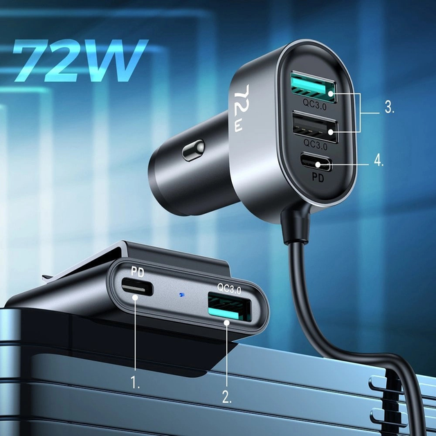 Ładowarka samochodowa z przedłużaczem Joyroom JR-CL05 2 x USB-C + 3 x USB-A 72 W 1.5 m Black (6941237153173) - obraz 4