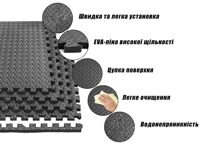 Килимок-пазл для тренувань, спорту, фітнесу EVAPUZZLE 60x60x2 см 4 шт (мат татамі захисний килимок під тренажер, бігову доріжку, велотренажер, орбітрек) Чорний - Фото 11 Килимок-пазл для тренувань, спорту, фітнесу EVAPUZZLE 60x60x2 см 4 шт (мат татамі захисний килимок під тренажер, бігову доріжку, велотренажер, орбітрек) Чорний - зображення 11