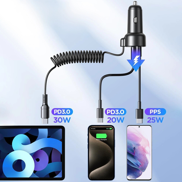 Автомобільний зарядний пристрій з кабелем USB-C Joyroom JR-CL07 3 в 1 USB-C + USB-A 60 Вт 1.6 м Black (6941237172860) - зображення 6