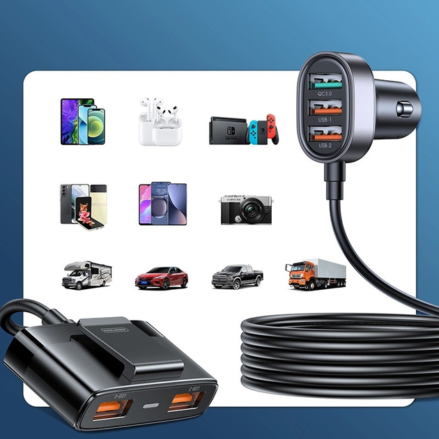 Автомобільний зарядний пристрій з подовжувачем Joyroom JR-CL03 Pro 5 x USB-A 45 Вт 1.5 м Black (6956116735463) - зображення 6