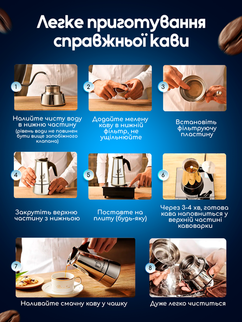 Гейзерна кавоварка гейзерка 100 мл на 2 чашки еспресо для газової плити індукційної та електроплити induction Зручна кава з нержавіючої сталі гейзер ручна турка кавоварки гейзерні - зображення 10