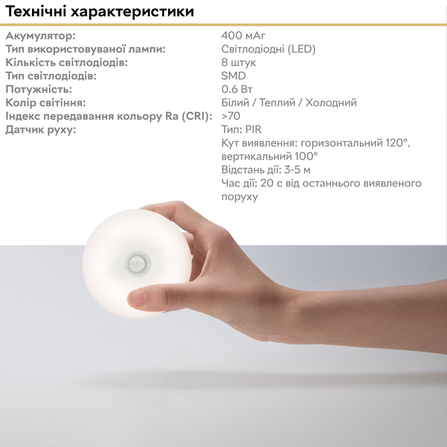 Світильник-нічник бездротовий лампа на магніті з акумулятором та датчиком руху RZTK Night Light Type C 400mAh 0.6W - зображення 10