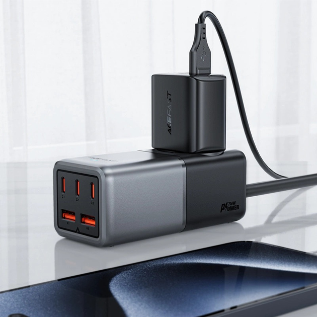 Ładowarka biurkowa Acefast Z2 GaN 75 W PD 3 x USB-C + 2 x USB-A Black-Grey (6974316282501) - obraz 6