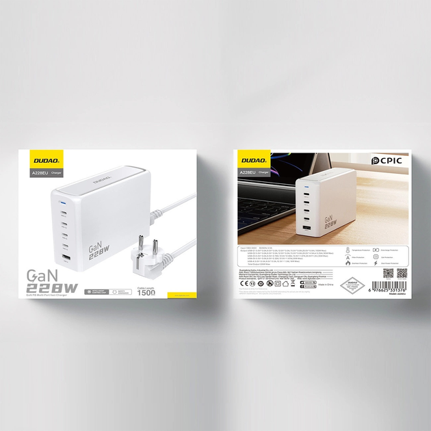 Ładowarka biurkowa Dudao A228EU GaN 228 W PD 4 x USB-C + USB-A White (6976625331376) - obraz 12