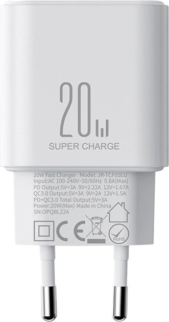 Ładowarka sieciowa JOYROOM JR-TCF05 GaN PD 20 W USB-C + USB-A z kablem USB-C White (6941237128782) - obraz 7