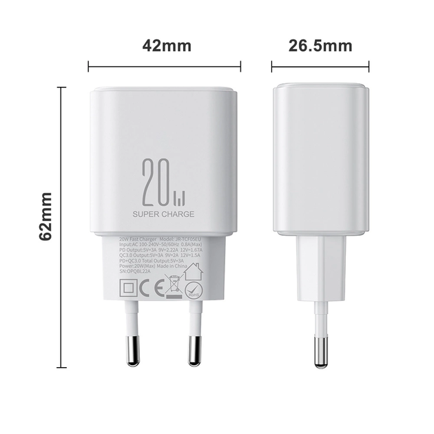 Ładowarka sieciowa JOYROOM JR-TCF05 GaN PD 20 W USB-C + USB-A z kablem USB-C White (6941237128782) - obraz 11