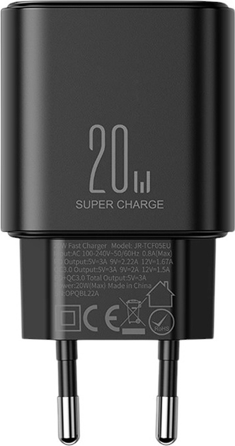 Ładowarka sieciowa JOYROOM JR-TCF05 GaN PD 20 W USB-C + USB-A z kablem USB-C Black (6941237128799) - obraz 6