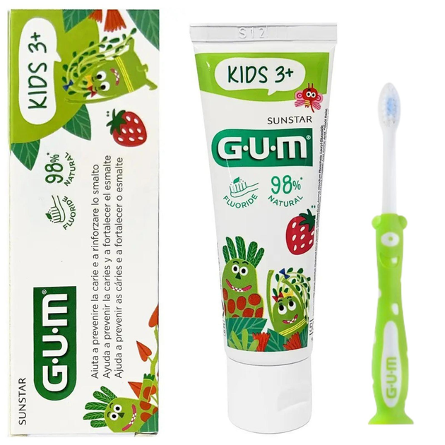 Набор GUM Kids Зубная паста-гель 50 мл для детей от 3-х лет и Зубная щетка Monster мягкая салатовая - изображение 1
