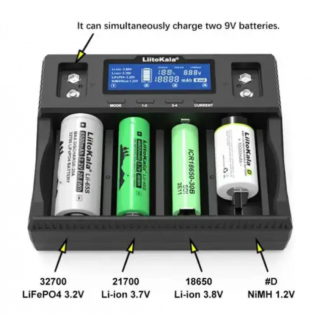 Універсальний зарядний пристрій LiitoKala Lii-D4XL на 4+2 канали для Ni-Mh/Li-ion/LiFePo4/крона, 220V/12V, LED+LCD - зображення 6