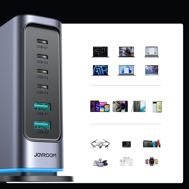 Настільний зарядний пристрій JOYROOM JR-TCM02 GaN 65 Вт EU 4 x USB-C + 2 x USB-A Black-Grey (6956116795528) - зображення 10