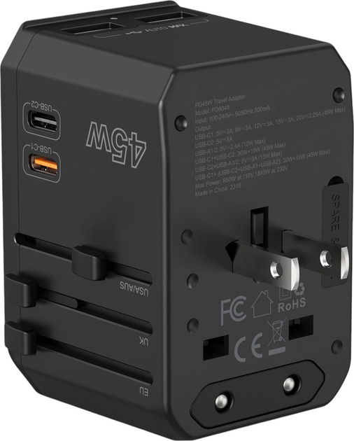 Мережевий зарядний пристрій CHOETECH PD6045 2 x USB-C + 2 x USB-A 45 Вт US/EU/UK/AU Black (6932112106209) - зображення 6