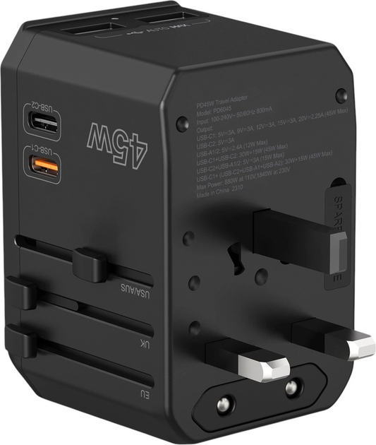 Мережевий зарядний пристрій CHOETECH PD6045 2 x USB-C + 2 x USB-A 45 Вт US/EU/UK/AU Black (6932112106209) - зображення 8
