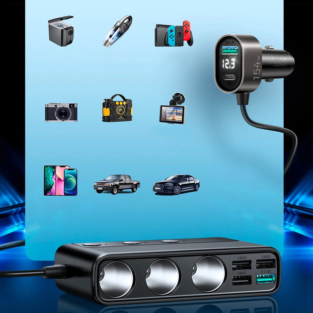 Ładowarka samochodowa JOYROOM JR-CL06 1x USB-C PD 4x USB-A QC 3x gniazdo zapalniczki Black (6941237165121) - obraz 5