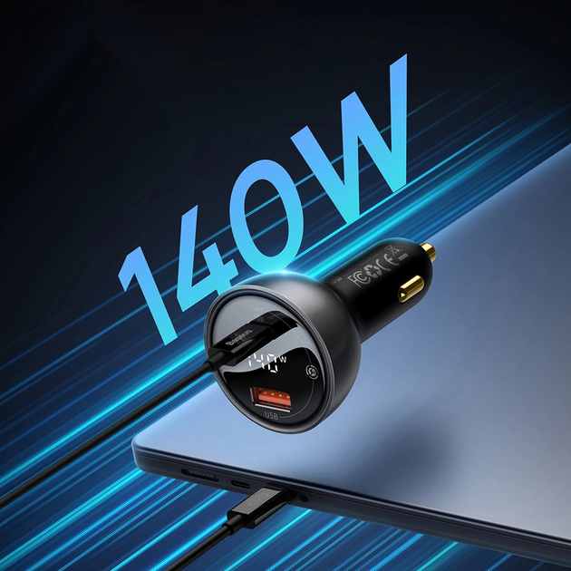 Ładowarka samochodowa Baseus Digital Display 140 W USB-A + USB-C + kabel USB-C Black (CGZX070001) - obraz 12