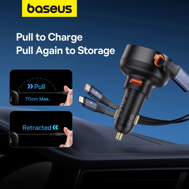 Ładowarka samochodowa Baseus Enjoyment USB-A 60W z wbudowanym podwójnym kablem USB-C/Lightning Black (C00057802111-02)   - obraz 11