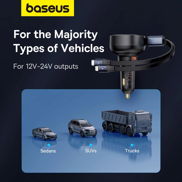Ładowarka samochodowa Baseus Enjoyment USB-A 60W z wbudowanym podwójnym kablem USB-C/Lightning Black (C00057802111-02)   - obraz 13