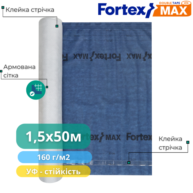 Диффузионная мембрана Fortex Max + 2 Tape, 1,5х50 м, 75 м2, синяя/серая, 160 г/м2 - изображение 3