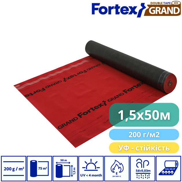 Диффузионная мембрана Fortex Grand + 2 Tape, 1,5x50 м, 75 м2, красный/черный, 200 г/м2 - изображение 2