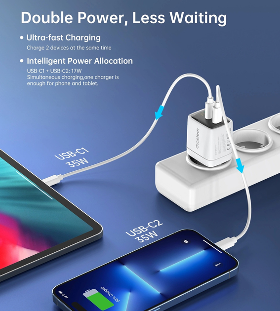 Ładowarka sieciowa CHOETECH PD6051 35 W GaN PD 2 x USB-C White (6932112106117) - obraz 5