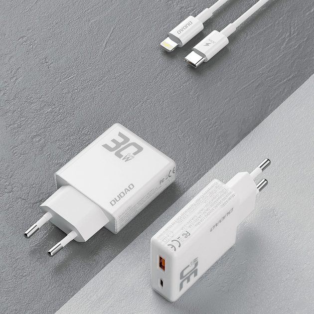 Ładowarka sieciowa Dudao A30EUL 30 W GaN PD USB-C + USB-A + kabel Lightning White (6976625332816) - obraz 3