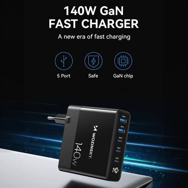 Ładowarka sieciowa Wozinsky CGWCB 140 W GaN 3 x USB-C + 2 x USB-A Black (6976625332809) - obraz 5