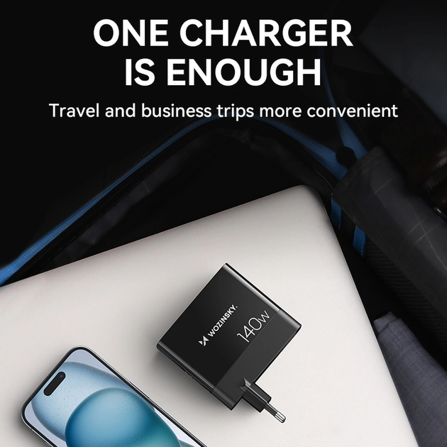 Ładowarka sieciowa Wozinsky CGWCB 140 W GaN 3 x USB-C + 2 x USB-A Black (6976625332809) - obraz 7