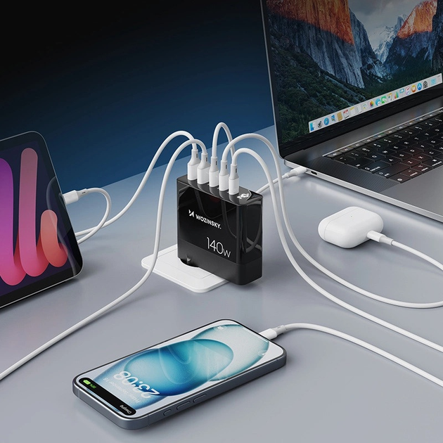 Ładowarka sieciowa Wozinsky CGWCB 140 W GaN 3 x USB-C + 2 x USB-A Black (6976625332809) - obraz 9