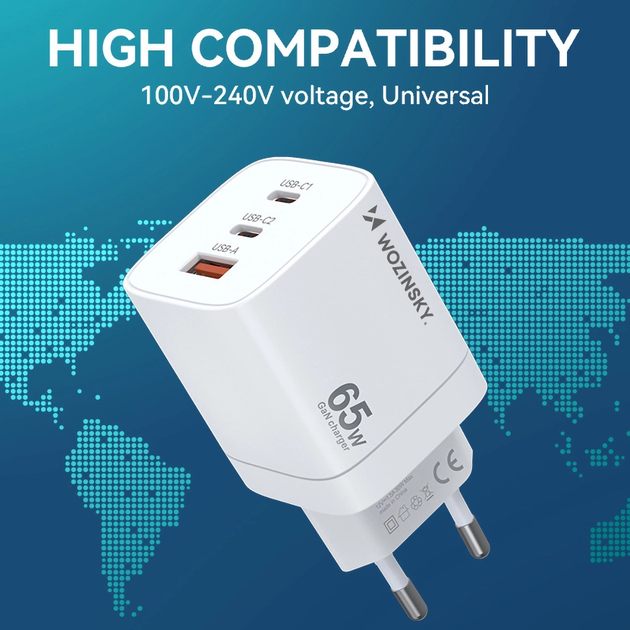 Ładowarka sieciowa Wozinsky CGWCW 65 W GaN 2 x USB-C + USB-A White (5907769308543) - obraz 6