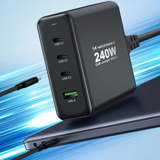 Ładowarka sieciowa Wozinsky WGCSB 240 W GaN 3 x USB-C + USB-A Black (5907769308680) - obraz 10